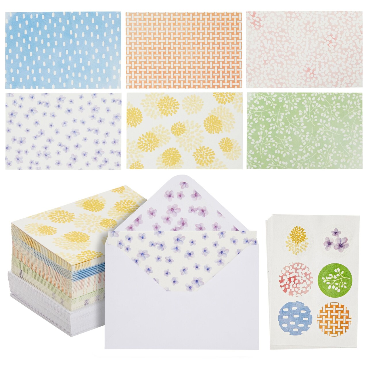 48 Pack Floral Stationery Cards with Envelopes and Stickers, 6 Patterns (4 x 6 In)